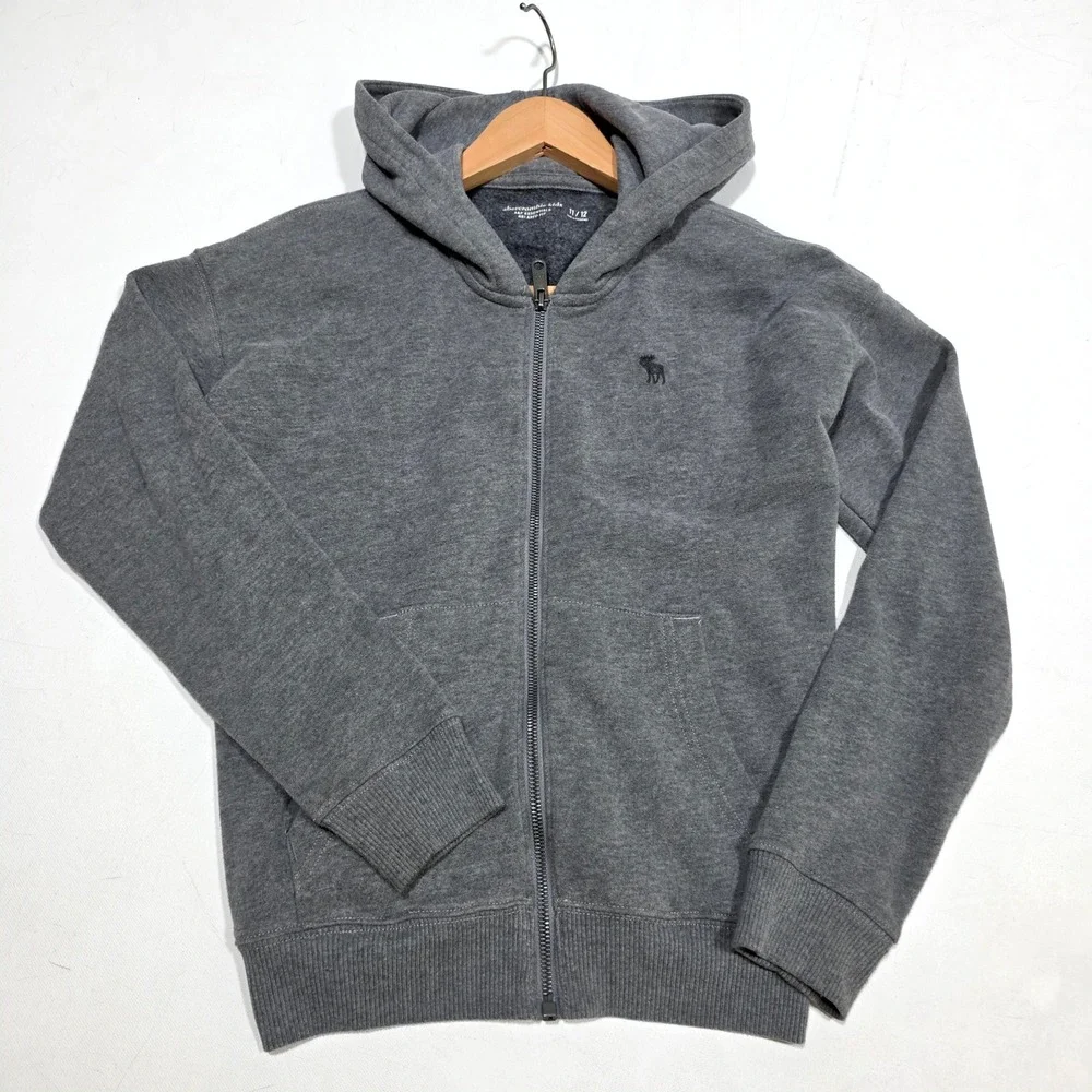 Abercrombie Kids Hoodie Boys 11/12 Grey Full Zip A&F Essentials Relaxed Fit Logo